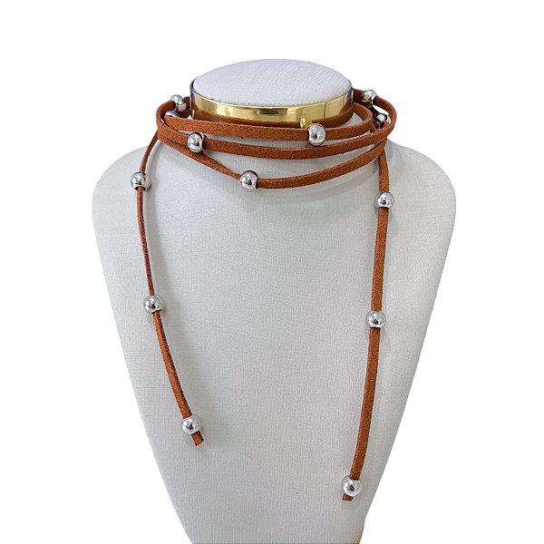 Choker Couro Bolinhas Bijuteria Dourado Country