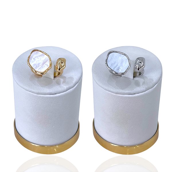 Anel Ajustável Bijuteria Dourado e Prata Madrepérola Martelado