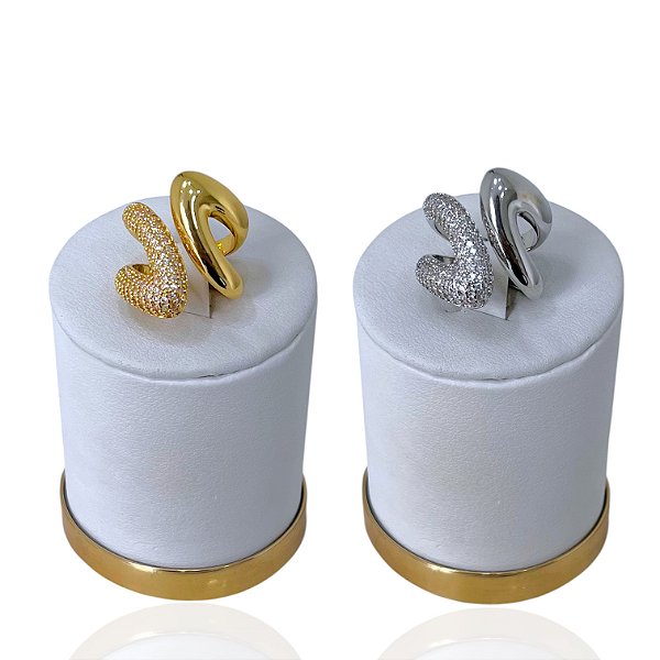 Anel Ajustável Bijuteria Dourado e Prata Duas Pontas V Cravejada