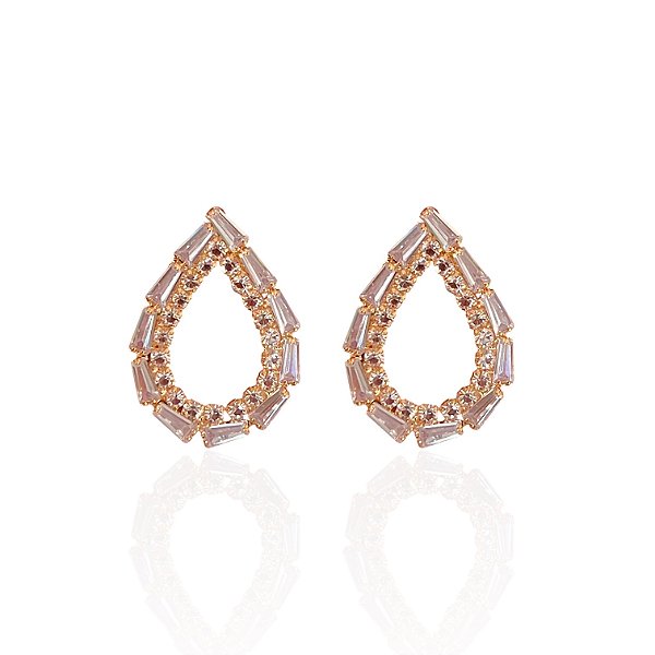 Brinco Folheado Ouro 18k e Prata 925 Gota Vazada Cravejada