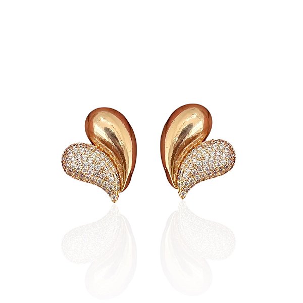 Brinco Folheado Ouro 18k e Prata 925 Coração Abaolado Cravejado