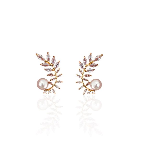 Brinco Folheado Ouro 18k e Prata 925 Ramos de Flor Cravejado