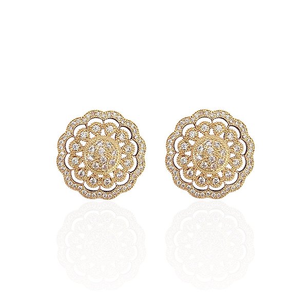 Brinco Folheado Ouro 18k e Prata 925 Mandala Flor Cravejada