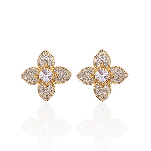 Brinco Folheado Ouro 18k e Prata 925 Flor Cravejada