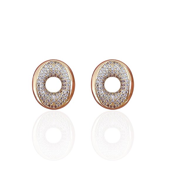 Brinco Folheado Ouro 18k e Prata 925 Oval Cravejado