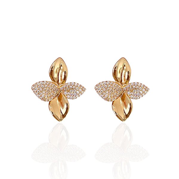Brinco Folheado Ouro 18k e Prata 925 Flor Cravejada