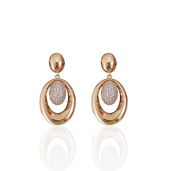 Brinco Folheado Ouro 18k e Prata 925 Oval Cravejado