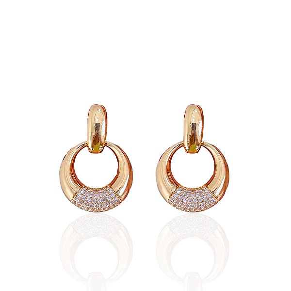 Brinco Folheado Ouro 18k e Prata 925 Redondo Cravejado