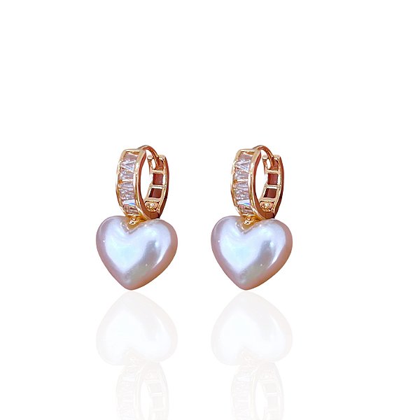 Brinco Folheado Ouro 18k e Prata 925 Argola Coração Pérola Cravejado