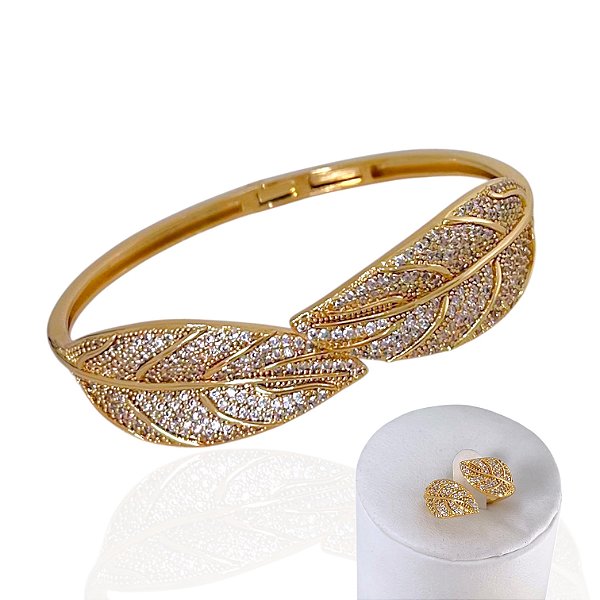 Conjunto Anel e Bracelete Folheado Ouro 18k e Prata 925 Folhas Cravejada