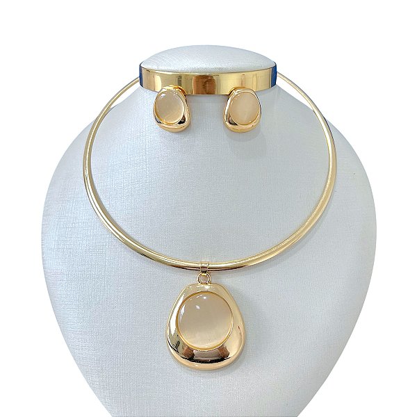 Conjunto Aro Bijuteria Dourado e Prata Redondo Pedraria