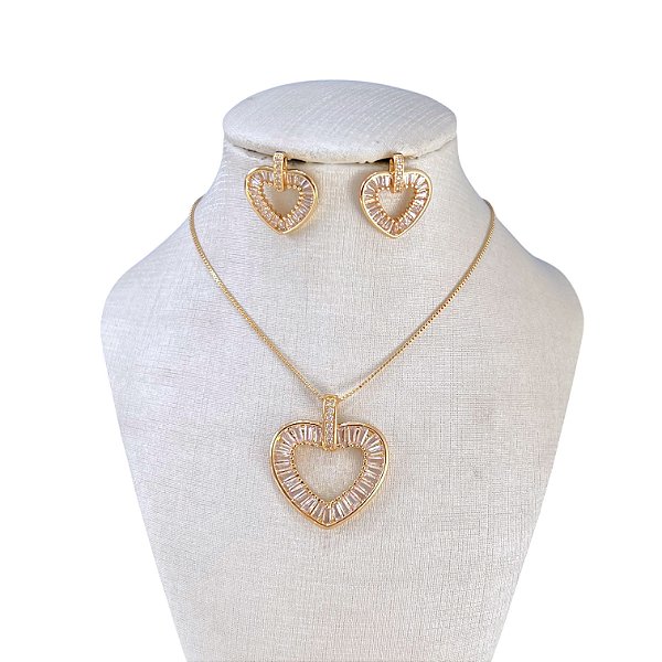Conjunto Folheado Ouro 18k e Prata 925 Coração Cravejado