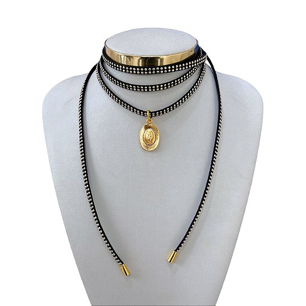 Choker Couro Bijuteria Dourado Country Chapéu