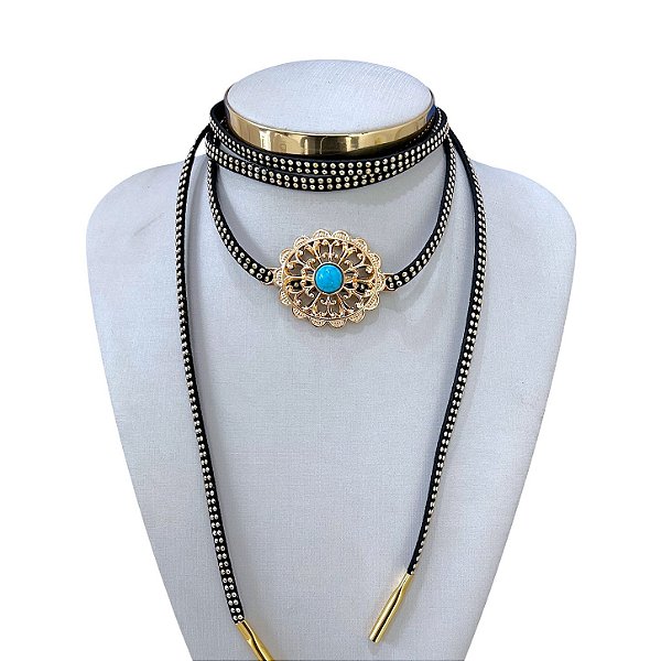 Choker Couro Bijuteria Dourado e prata Country Mandala Pedraria