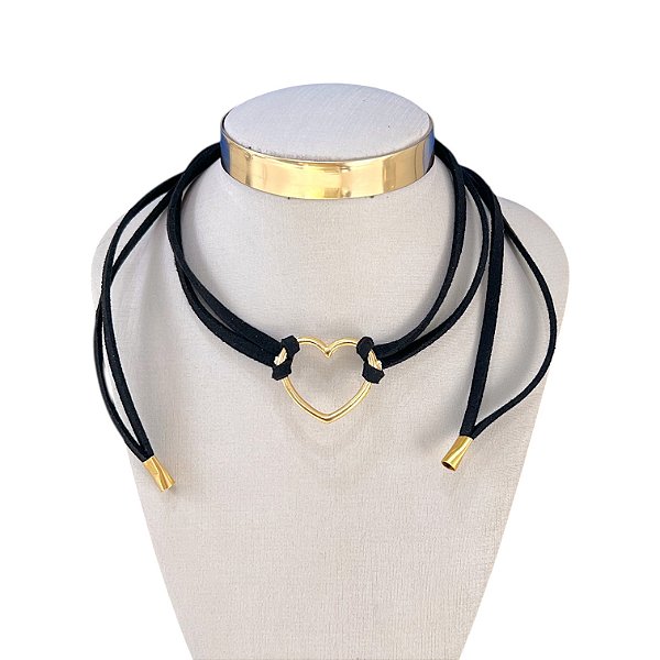 Choker Couro Bijuteria Dourado Country Coração