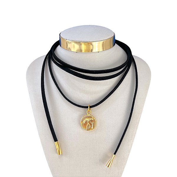 Choker Couro Bijuteria Dourado Country Mandala Cavalo
