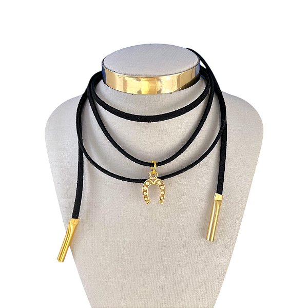 Choker Couro Bijuteria Dourado Country Ferradura