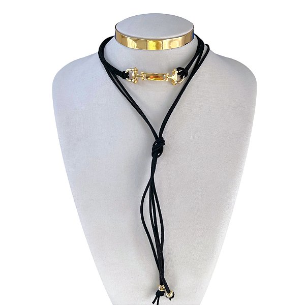 Choker Couro Bijuteria Dourado Country Longo