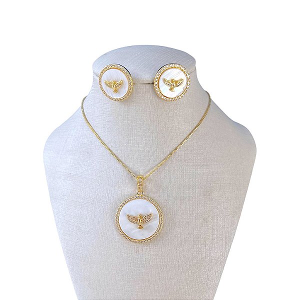 Conjunto Folheado Ouro 18k e Prata 925 Espírito Santo Madrepérola Cravejada