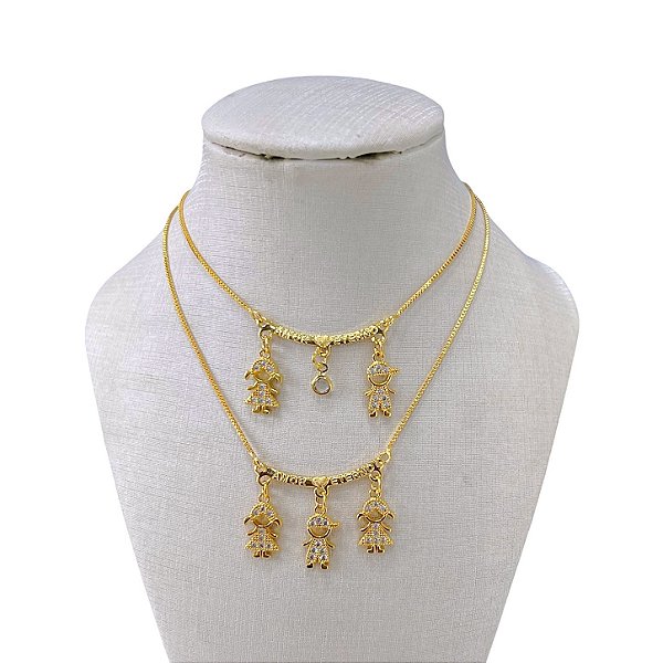 Colar Folheado Ouro 18k e Prata 925 Canga Mãe Filhos Cravejados