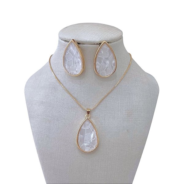 Conjunto Folheado Ouro 18k e Prata 925 Gota Madrepérola