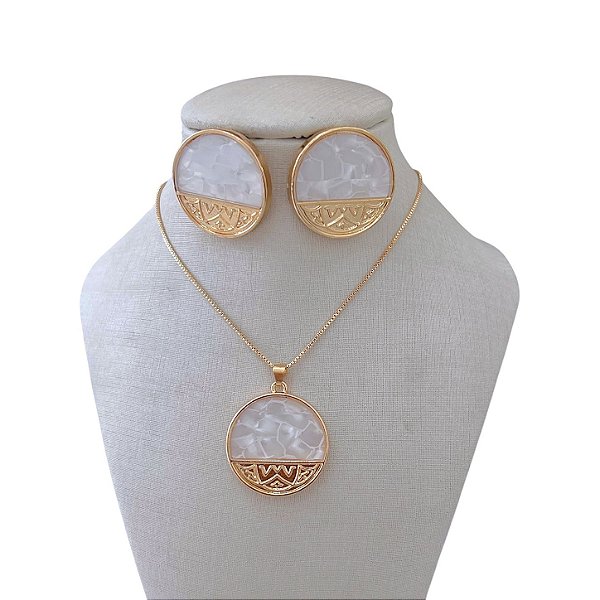 Conjunto Folheado Ouro 18k e Prata 925 Redondo Dividido Madrepérola