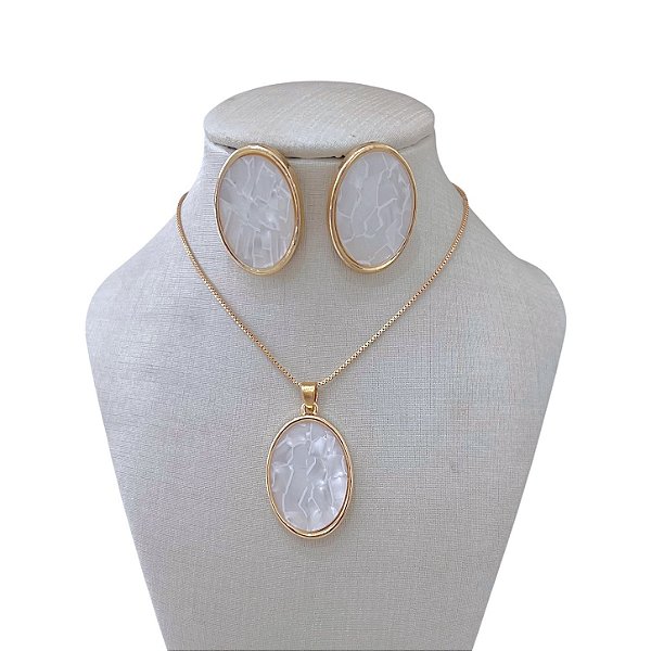 Conjunto Folheado Ouro 18k e Prata 925 Oval Madrepérola