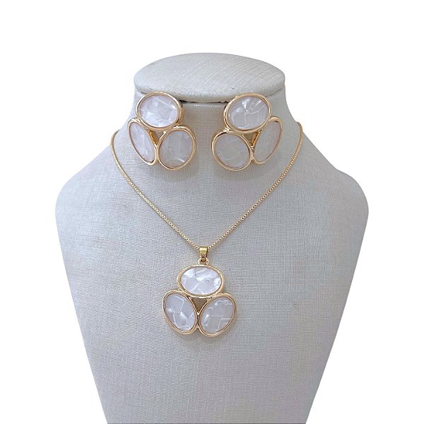 Conjunto Folheado Ouro 18k e Prata 925 Três Oval Madrepérola