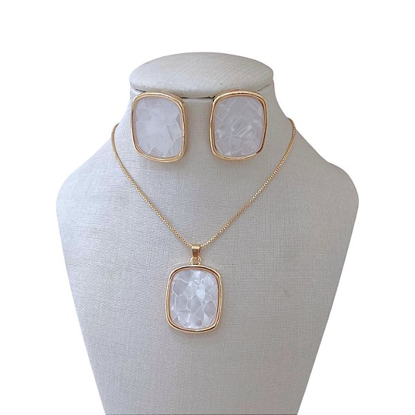 Conjunto Folheado Ouro 18k e Prata 925 Quadrado Madrepérola