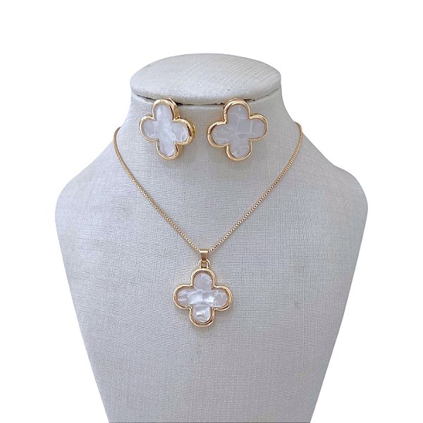 Conjunto Folheado Ouro 18k e Prata 925 Trevo Madrepérola