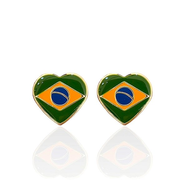 Brinco Folheado Ouro 18k e Prata 925 Coração Brasil