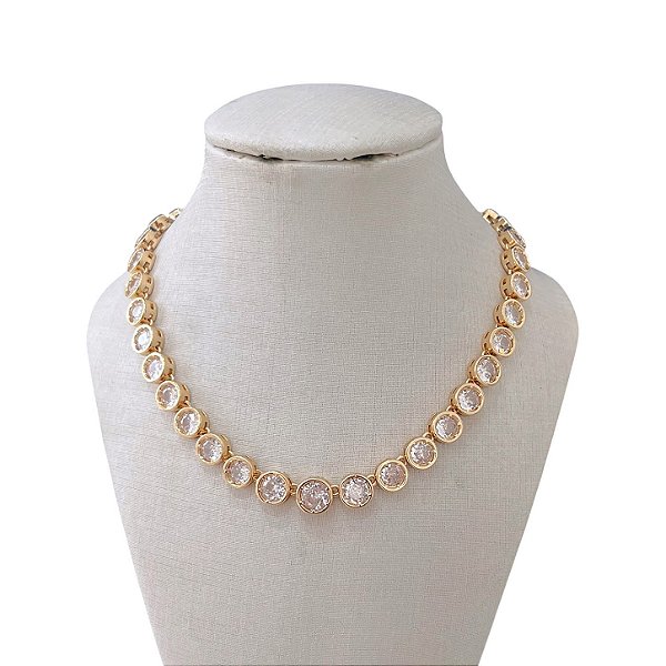 Colar Folheado Ouro 18k e Prata 925 Redondo Cravejado