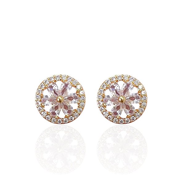 Brinco Folheado Ouro 18k e Prata 925 Mandala Flor Cravejada