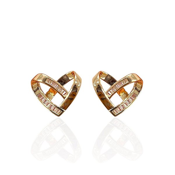 Brinco Folheado Ouro 18k e Prata 925 Coração Trançado Cravejado