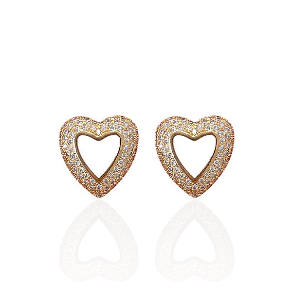 Brinco Folheado Ouro 18k e Prata 925 Coração Vazado Cravejado