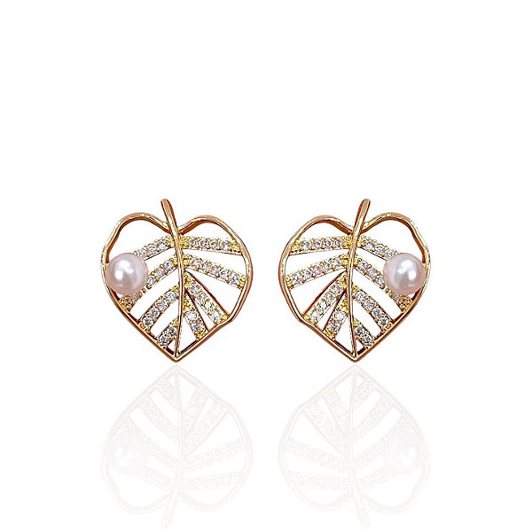 Brinco Folheado Ouro 18k e Prata 925 Folha Pérola Cravejada