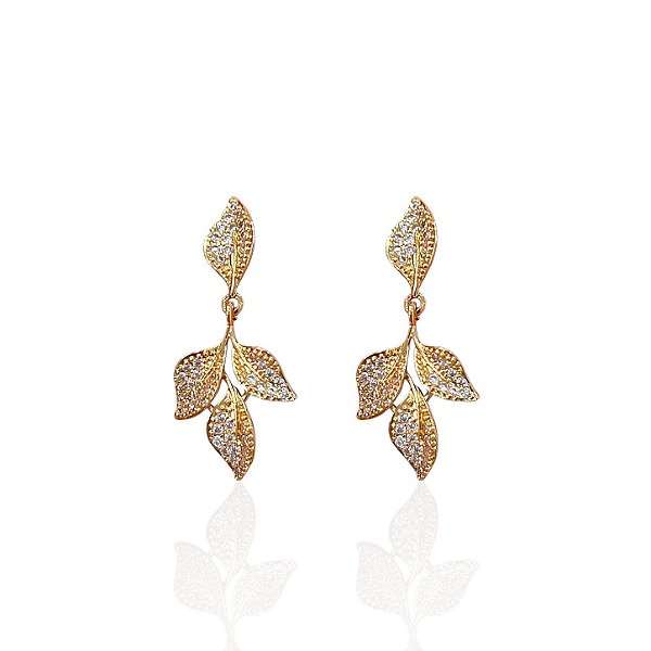 Brinco Folheado Ouro 18k e Prata 925 Folhas Cravejada