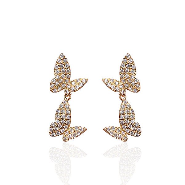 Brinco Folheado Ouro 18k e Prata 925 Borboletas Cravejada