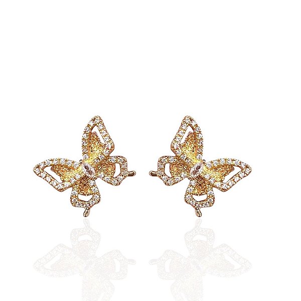 Brinco Folheado Ouro 18k e Prata 925 Borboleta Cravejada