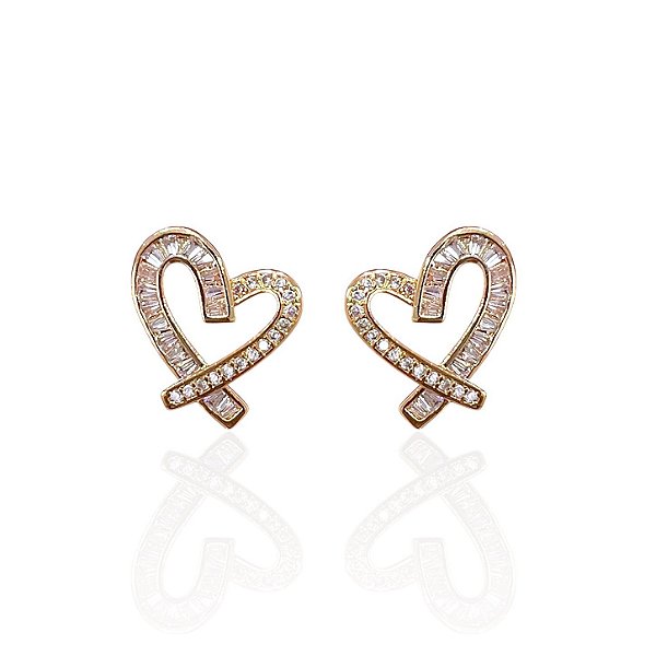 Brinco Folheado Ouro 18k e Prata 925 Coração Cravejado