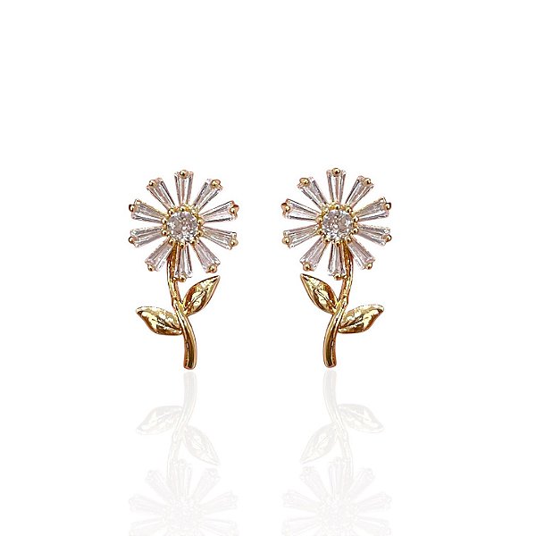 Brinco Folheado Ouro 18k e Prata 925 Flor Girassol Cravejada