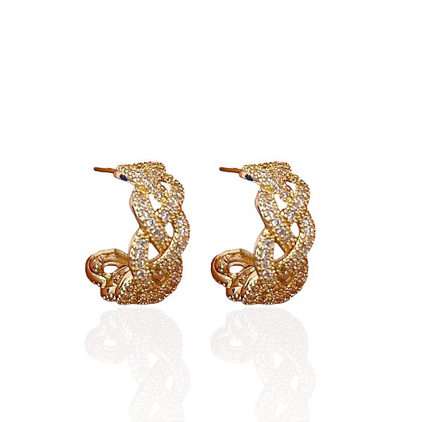 Brinco Folheado Ouro 18k e Prata 925 Argola Trançada Cravejada