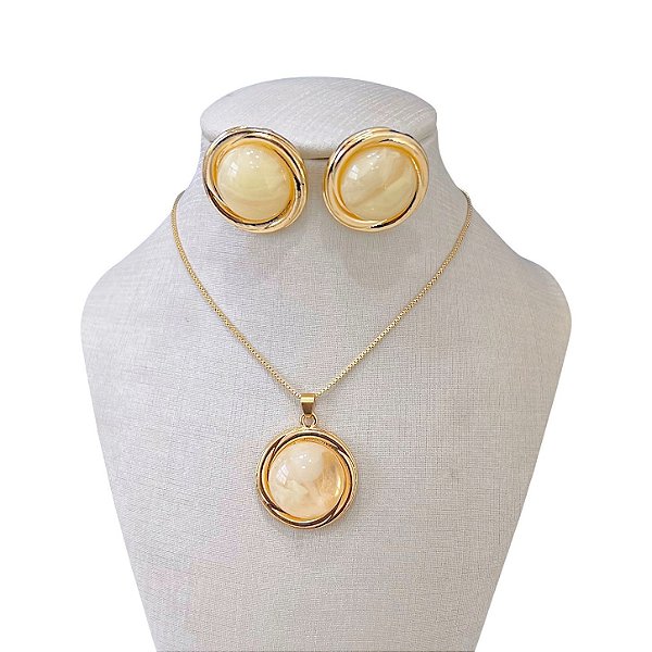 Conjunto Folheado Ouro 18k e Prata 925 Pedraria Redondo
