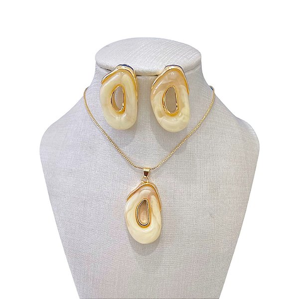 Conjunto Folheado Ouro 18k e Prata 925 Pedraria Orgânico Vazado