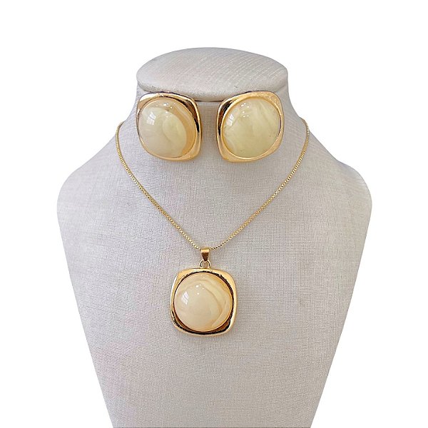 Conjunto Folheado Ouro 18k e Prata 925 Pedraria Quadrado