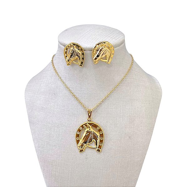 Conjunto Folheado Ouro 18k e Prata 925 Ferradura Cavalo