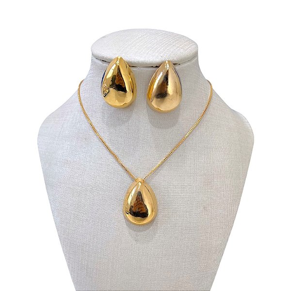 Conjunto Folheado Ouro 18k e Prata 925 Gota Abaulada