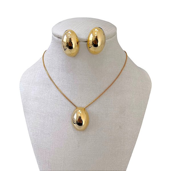 Conjunto Folheado Ouro 18k e Prata 925 Oval Abaulado