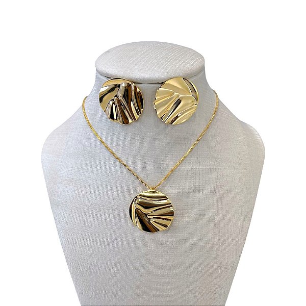 Conjunto Folheado Ouro 18k e Prata 925 Redondo Martelado