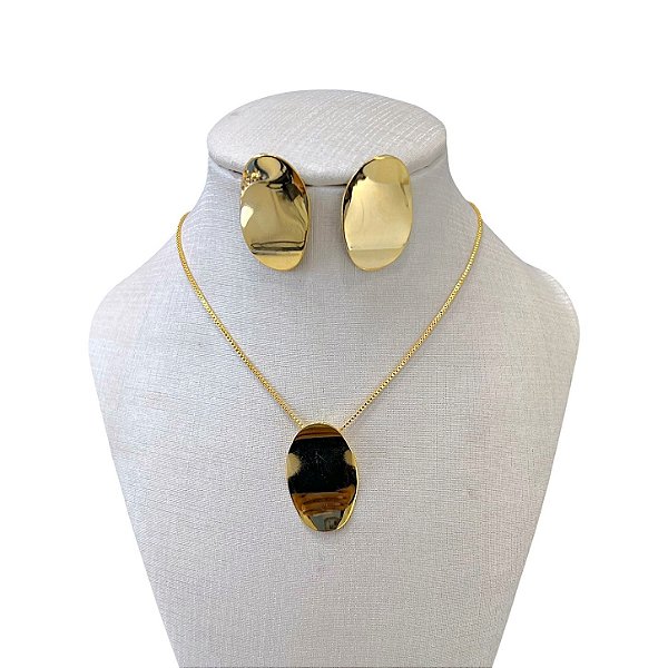 Conjunto Folheado Ouro 18k e Prata 925 Oval Martelado